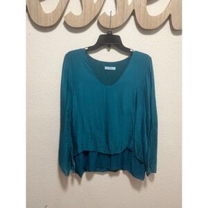 Gigi Moda Italy Teal Blue Silk Blend Layered V-Neck Blouse Long Sleeve Medium